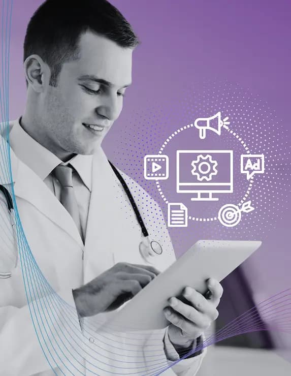 Professional doctor in white coat using tablet